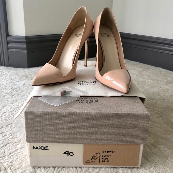 BNIB FRANCESCO RUSSO ASYMMETRICAL NUDE PATENT PUMP - Picture 3 of 7